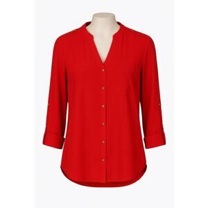 Calvin Klein Red Roll-Tab Sleeve Blouse | XL | Button Front | Classic Office Top
